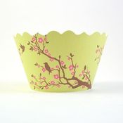 Image of Green Cherry Blossom Cupcake Wrappers