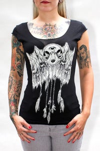Image of Cat Skull Trinkets Scoop Neck in Black - Womens