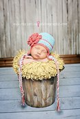Image of Earflap Beanie in Robin's Egg Blue with Cherry blossom stripe and flower (6 Sizes available)