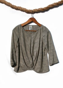 Image of Wavy Print Twist-front Blouse - Cream/Navy