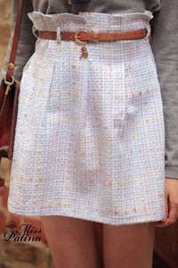 Image of Miss Patina Key Buckle Belt Pleated Skirt (Light blue tweed)