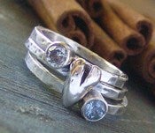 Image of Heart and stone hand stamped silver and faceted gem stone stacking rings