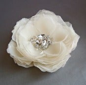 Image of Small Hera Ivory Chiffon Flower with Pearl and Gemstone Beading Hair Clip