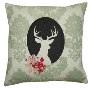 Image of Handmade cushion on natural fabrics – green deer cameo