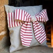 Image of Red Ticking Stripe Bow Cushion