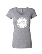 Image of Women's V-Neck Tim Stop T-shirt (white on grey)