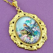 Image of What A Lark - Ornate Gold Pink Blue and Green Bird Cameo Necklace