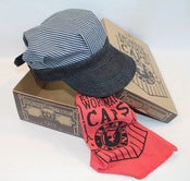 Image of BEAR BRAND Hickory Stripe & Indigo Selvedge Denim Engineer and Workman Cap w/ Indigo Cotton Thread