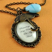 Image of Raindrops Keep Falling - Bronze Cream and Blue Umbrella Cameo Necklace with Teardrop Accent