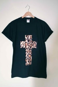Image of Leopard Print Cross Black T Shirt