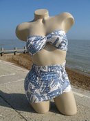 Image of Vintage Bikini - Ruched/Shirred Cotton - Blue/White- Size Small