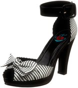 Image of T.U.K. Women's B&W Striped Open-Toe Pump w/ Ankle Strap