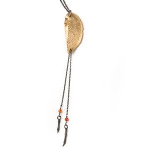 Image of brass heart shell on 22" cable chain w/ hanging branches & carnelian (P35bra22)