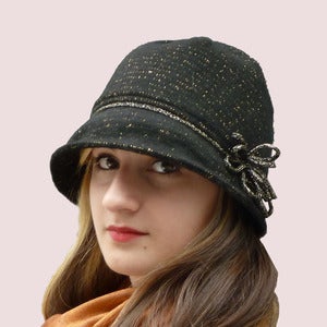Image of Shimmering Bow Cloche in Black &  Gold Wool Knit