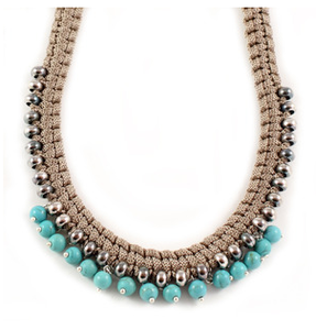Image of short braid necklace with turquoise howlite beads- beige