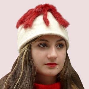 Image of Follow Me Beanie Cap in Cream Knit & Rabbit Fur