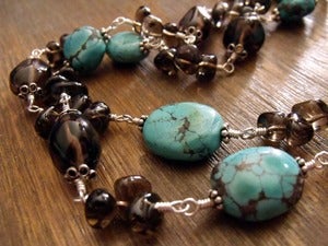 Image of Southwest Drama Long Gemstone Necklace~ Turquoise Nuggets, Smoky Quartz, Sterling Silver