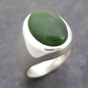 Image of Mens Heavy Oval Nephrite Jade Ring in Sterling Silver