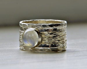 Image of Simone's rustic stackable wedding ring - set of five textured wedding rings with moonstone, made to