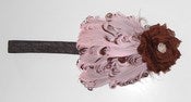 Image of Pink on Chocolate Brown Curled Feather Headband w/ Rosette