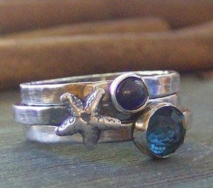 Image of By the Sea gem stone and fine silver stacking ring set