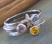 Image of Sea Stones hand stamped fine silver and gem stone stacking rings