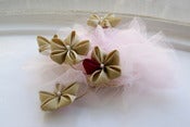 Image of Fascinator with Taupe and Cerise Sakura Kanzashi on a Pink Tulle Puff