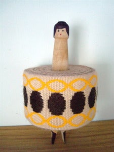 Image of Vintage Braid Peg Doll - Yellow/Brown Circles