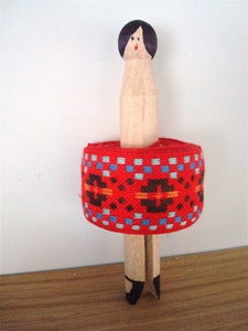 Image of Vintage Braid Peg Doll -  bright red folk art