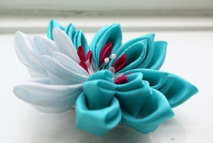 Image of Waterlily Kanzashi Flower Fascinator in Aqua and Pale Blue Silk - Extra Large