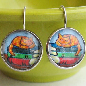 Image of Sleeping Orange Tabby Kitty Cat Book Stack Earrings