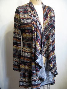 Image of printed draped collar cardigan