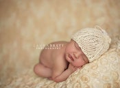 Image of New Item - Cream Organic Cotton Bunch Top Beanie with Cream Ribbons and Sequin Flower 