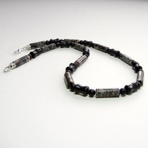 Image of Mens Handmade Beaded Necklace - Fossil Agate and Blackstone