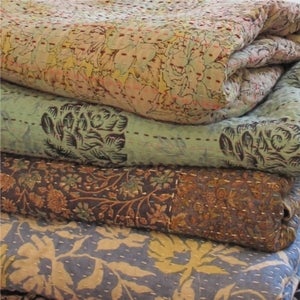 Image of Block Print Roses on Blue Vintage Throw