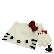 Image of HELLO KITTY FACE WHITE BEANIE AND GLOVE SET