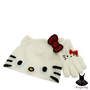 Image of HELLO KITTY FACE WHITE BEANIE AND GLOVE SET