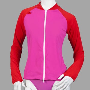 Image of Pink & Red Colour-blocked Zip Front Ladies Rashie