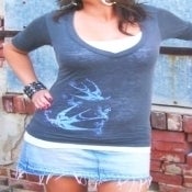 Image of Sweet Swallows Deep V-Neck Burnout in Washed Black with Periwinkle Blue Screenprint