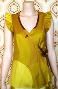 Image of Ladies Cross-Over Top with Frilled Sleeve - Yellow Circles