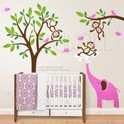Image of Kids Wall decal wall sticker nursery decal Art -Monkeys & Elephant Having Fun Together - 105 - child