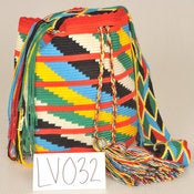 Image of Yellow, Blue, Red, White, Black Striped Diagonal Mochila 