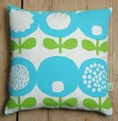 Image of Poppy print cushion in green and blue