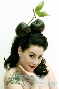 Image of Giant Black Cherry Ascot Burlesque Fascinator Goth Fetish Bridal Wedding Headband Big Cherries