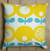 Image of Poppy print cushion in yellow and blue