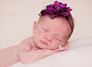 Image of THE SASHA--Purple and Fuschia Flower Headband on Skinny Elastic--Newborn Prop