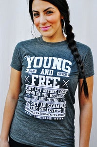 Image of 005-YOUNG AND FREE-DARK HEATHER GRAY-Christian T-Shirt