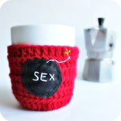 Image of Funny coffee mug Sex Bomb red black crochet handmade