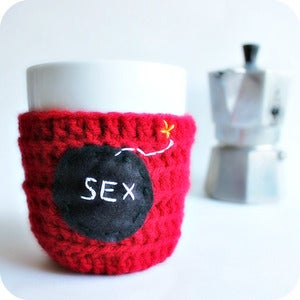 Image of Funny coffee mug Sex Bomb red black crochet handmade
