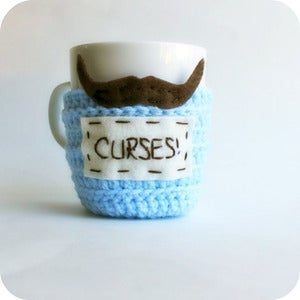 Image of Funny coffee mug Curses blue brown crochet handmade